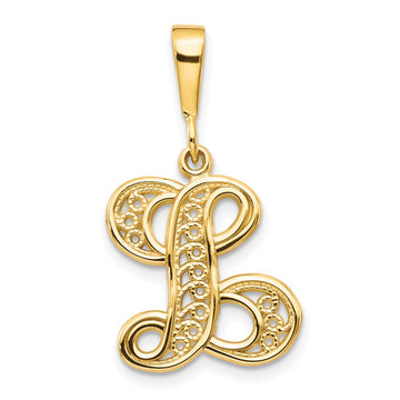 14KY Polished Script Filigree Letter L Initial Pendant