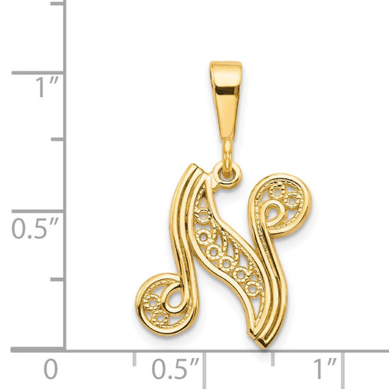 14KY Polished Script Filigree Letter N Initial Pendant