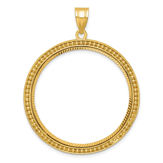 Wideband Distinguished Coin Jewelry 14k Polished Beaded and Diamond-cut 32.7mm Prong Coin Bezel Pendant