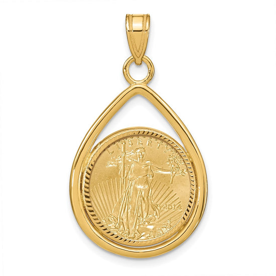 Diamond-Cut Lightweight Teardrop Prong Coin Bezel Pendant with Coin