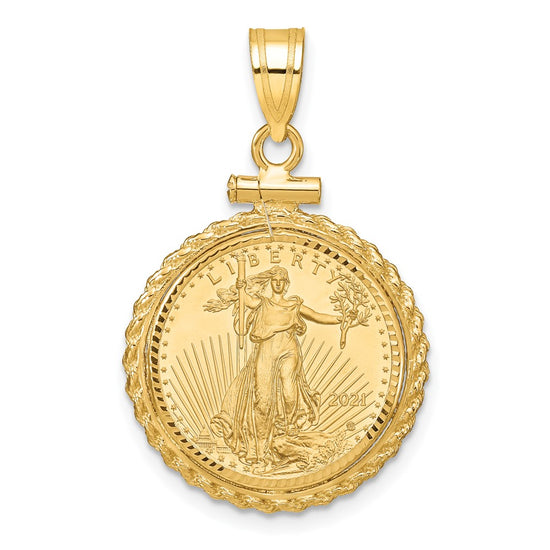 Gold Casted Rope and Diamond-cut Screw Top Coin Bezel Pendant with Coin