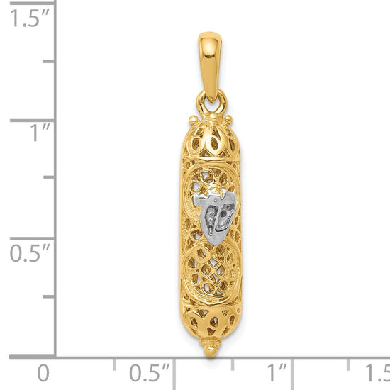 14K and White Rhodium 3-D Mezuzah with Shin Charm