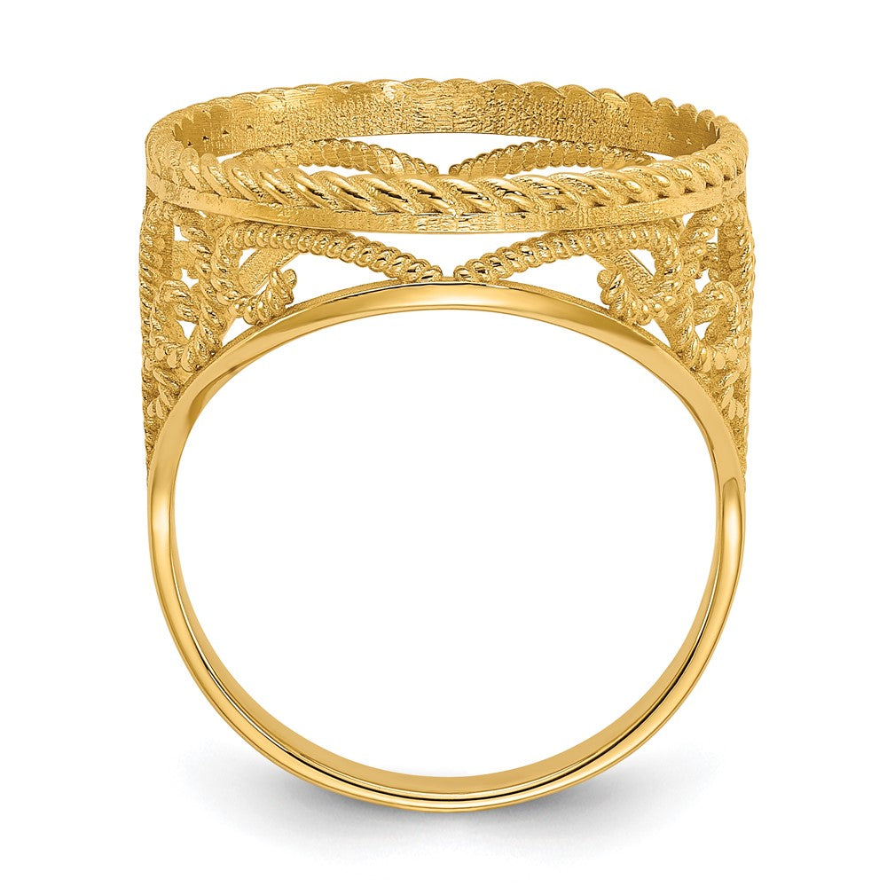 Wideband Distinguished Coin Jewelry 14k Ladies' Polished Diamond-cut and Twisted Wire Scroll Design 16.5mm Coin Bezel Ring