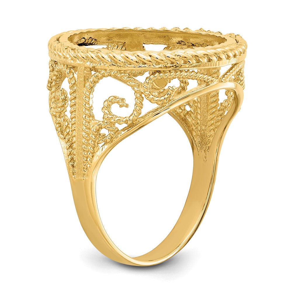 Wideband Distinguished Coin Jewelry 14k Ladies' Polished Diamond-cut and Twisted Wire Scroll Design 16.5mm Coin Bezel Ring