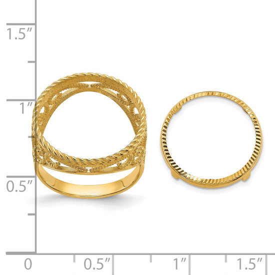 Wideband Distinguished Coin Jewelry 14k Ladies' Polished Diamond-cut and Twisted Wire Scroll Design 16.5mm Coin Bezel Ring