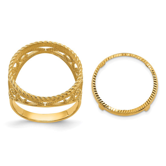 Wideband Distinguished Coin Jewelry 14k Ladies' Polished Diamond-cut and Twisted Wire Scroll Design 16.5mm Coin Bezel Ring