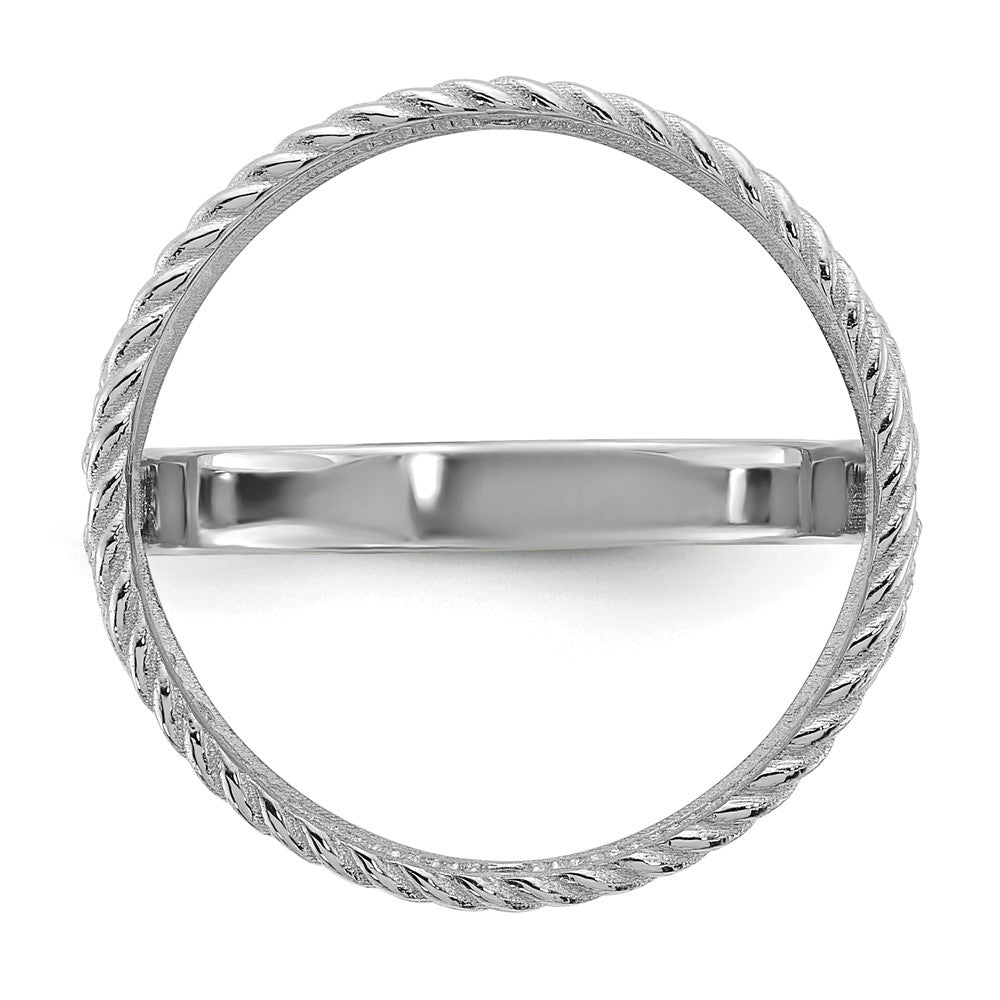 Wideband Distinguished Coin Jewelry 14k White Gold Ladies' Polished Diamond-cut and Twisted Wire Scroll Design 16.5mm Coin Bezel Ring