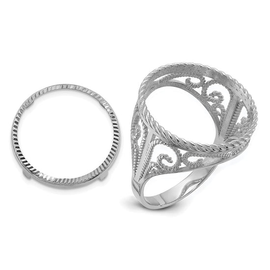 Wideband Distinguished Coin Jewelry 14k White Gold Ladies' Polished Diamond-cut and Twisted Wire Scroll Design 16.5mm Coin Bezel Ring