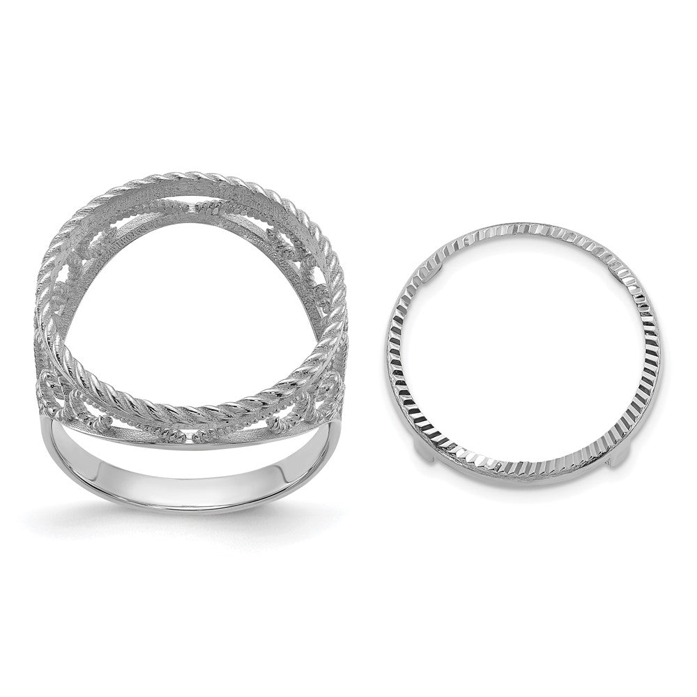 Wideband Distinguished Coin Jewelry 14k White Gold Ladies' Polished Diamond-cut and Twisted Wire Scroll Design 16.5mm Coin Bezel Ring