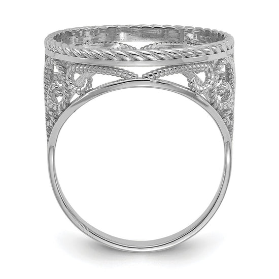 Wideband Distinguished Coin Jewelry 14k White Gold Ladies' Polished and Twisted Wire Scroll Design 16.5mm Coin Bezel Ring