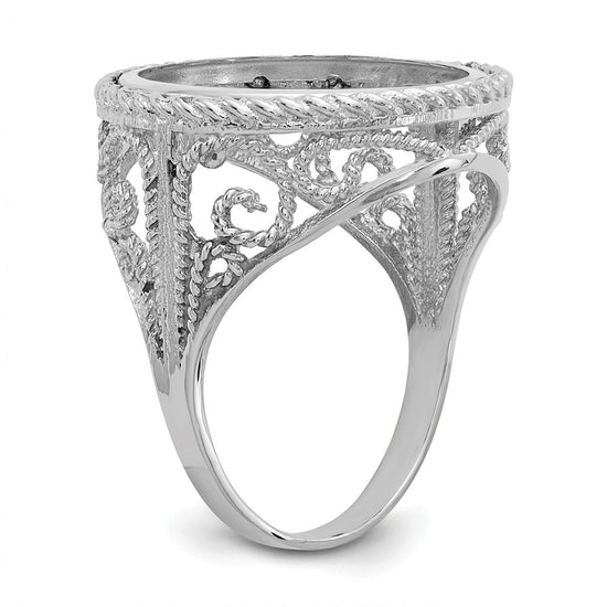 Wideband Distinguished Coin Jewelry 14k White Gold Ladies' Polished and Twisted Wire Scroll Design 16.5mm Coin Bezel Ring