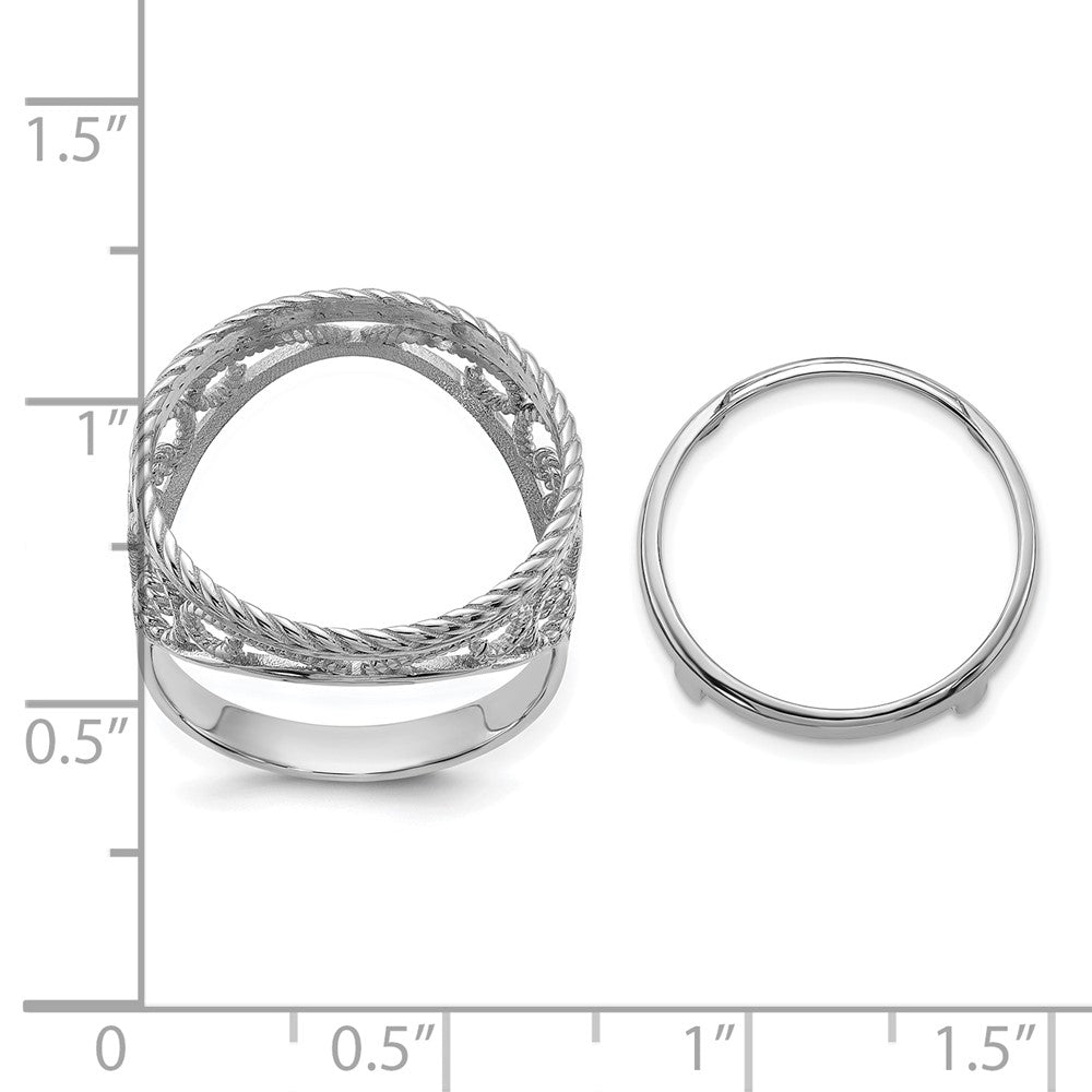 Wideband Distinguished Coin Jewelry 14k White Gold Ladies' Polished and Twisted Wire Scroll Design 16.5mm Coin Bezel Ring