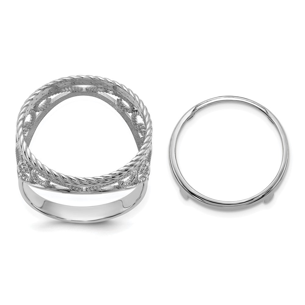 Wideband Distinguished Coin Jewelry 14k White Gold Ladies' Polished and Twisted Wire Scroll Design 16.5mm Coin Bezel Ring