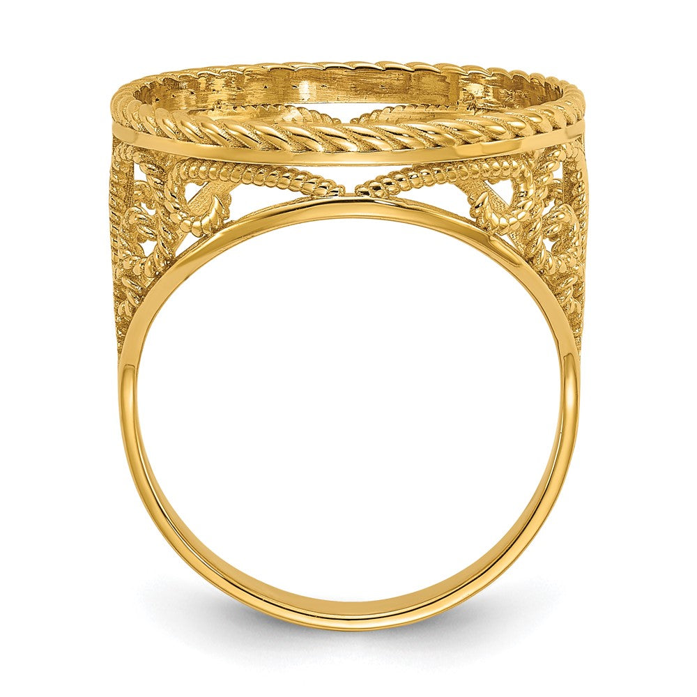 Wideband Distinguished Coin Jewelry 14k Ladies' Polished and Twisted Wire Scroll Design 16.5mm Coin Bezel Ring