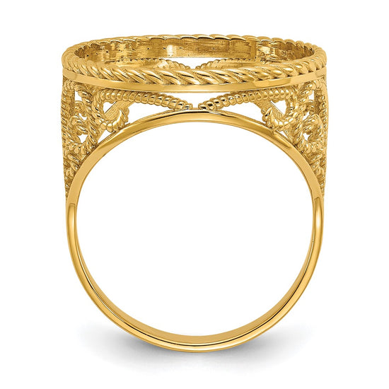 Wideband Distinguished Coin Jewelry 14k Ladies' Polished and Twisted Wire Scroll Design 16.5mm Coin Bezel Ring