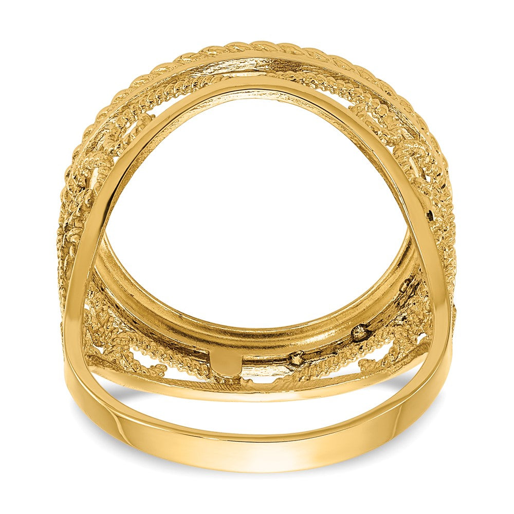 Wideband Distinguished Coin Jewelry 14k Ladies' Polished and Twisted Wire Scroll Design 16.5mm Coin Bezel Ring