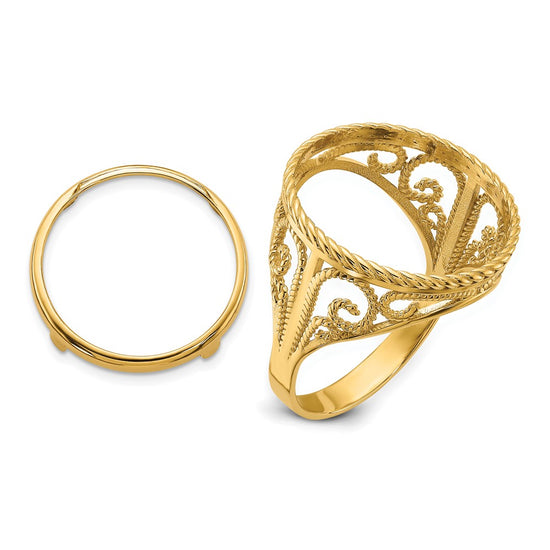 Wideband Distinguished Coin Jewelry 14k Ladies' Polished and Twisted Wire Scroll Design 16.5mm Coin Bezel Ring