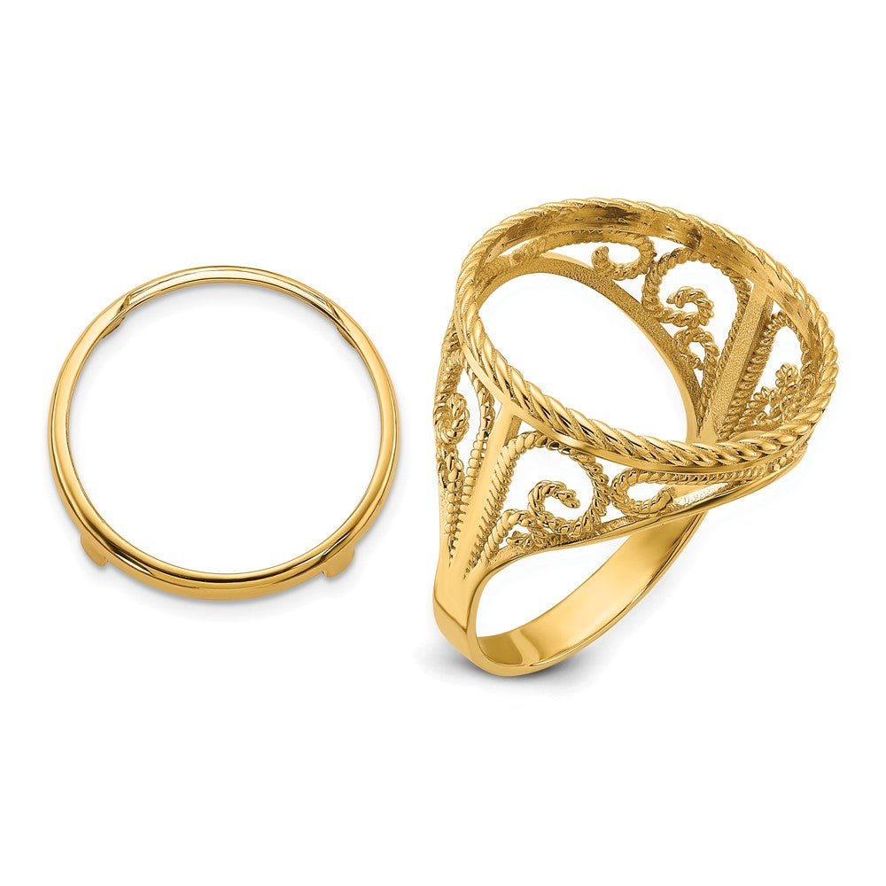 Wideband Distinguished Coin Jewelry 14k Ladies' Polished and Twisted Wire Scroll Design 16.5mm Coin Bezel Ring