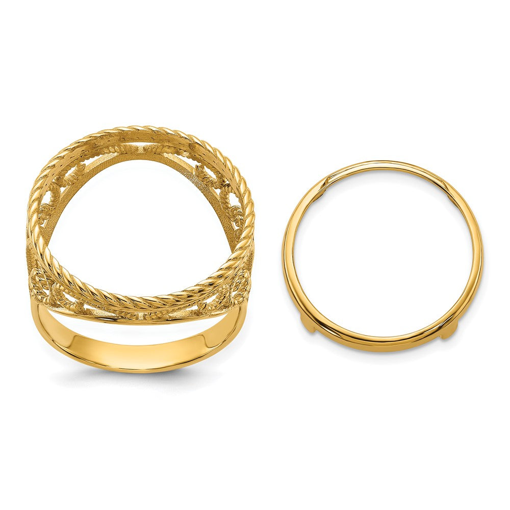 Wideband Distinguished Coin Jewelry 14k Ladies' Polished and Twisted Wire Scroll Design 16.5mm Coin Bezel Ring