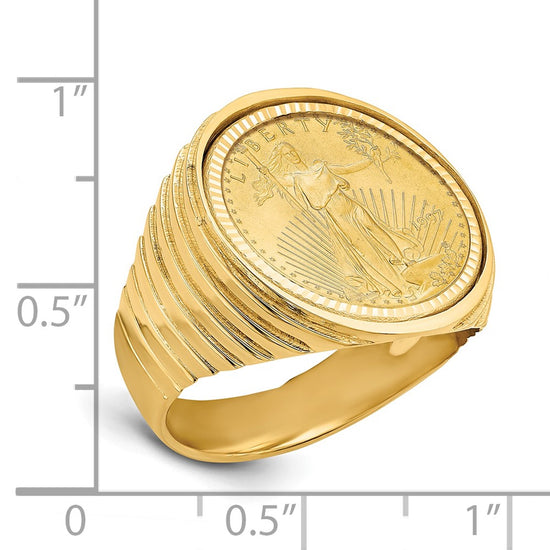 Wideband Distinguished Coin Jewelry 14k Men's Polished and Diamond-cut Ribbed Edge Mounted 1/10oz American Eagle Coin Bezel Ring