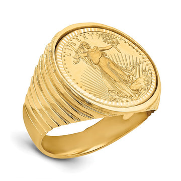 Wideband Distinguished Coin Jewelry 14k Men's Polished and Diamond-cut Ribbed Edge Mounted 1/10oz American Eagle Coin Bezel Ring
