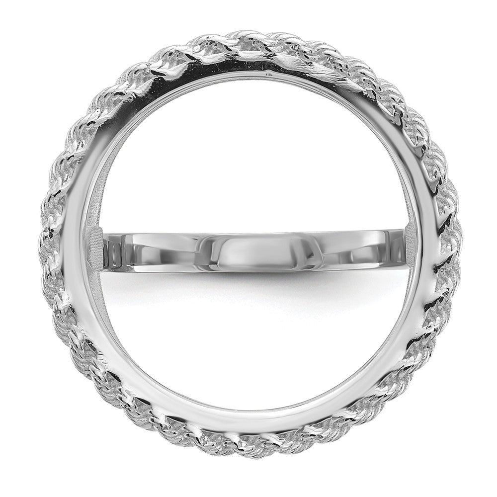 Wideband Distinguished Coin Jewelry 14k White Gold Ladies' Polished Textured and Diamond-cut Rope Edge 16.5mm Coin Bezel Ring