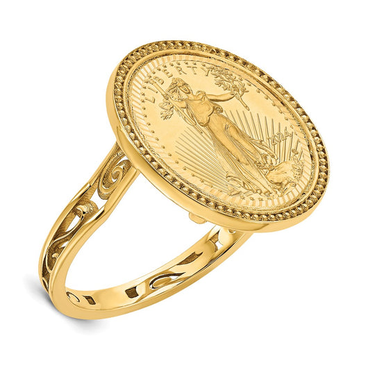 Wideband Distinguished Coin Jewelry 14k Ladies' Polished and Diamond-cut with Filigree Sides and Beaded Top Mounted 1/10oz American Eagle Coin Bezel Ring