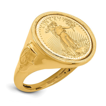 14k Men's Polished Masonic Side Diamond-cut Coin Bezel Ring with Coin