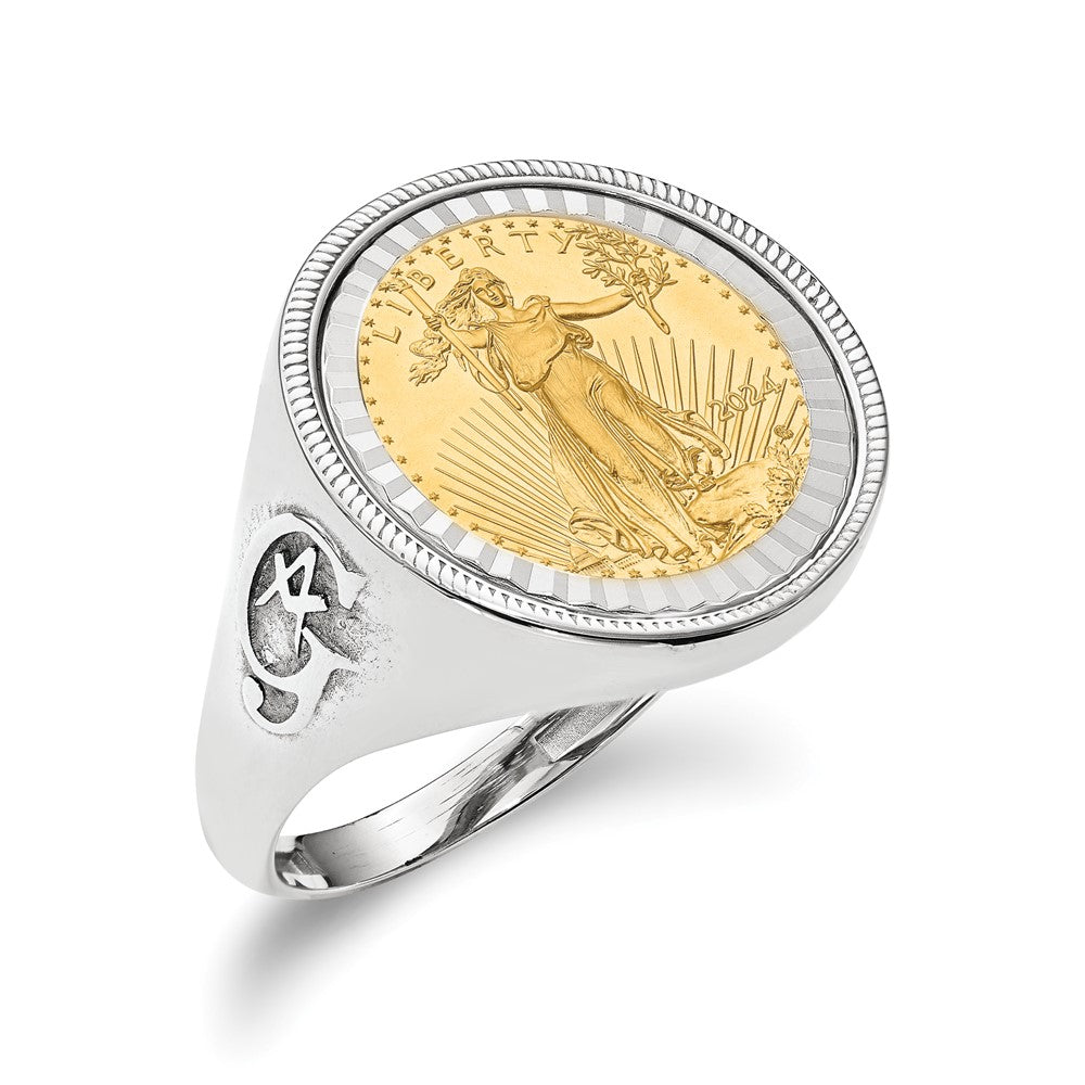 14k Men's Polished Masonic Side Diamond-cut Coin Bezel Ring with Coin