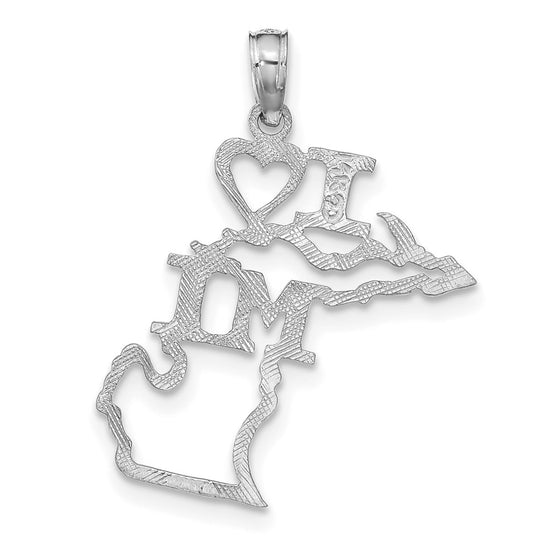 14K White Gold Solid I HEART MI Michigan State Pendant