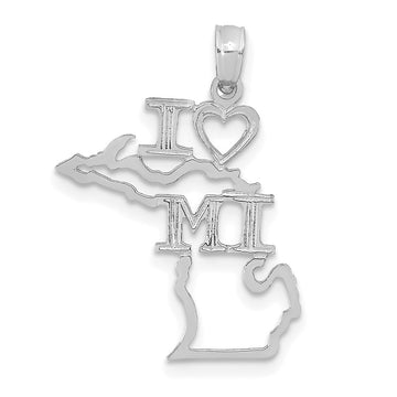 14K White Gold Solid I HEART MI Michigan State Pendant