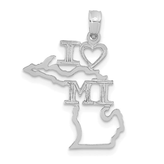 14K White Gold Solid I HEART MI Michigan State Pendant