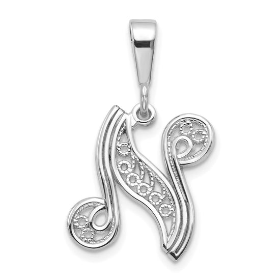 10k White Gold Large Filigree Script Initial N Pendant