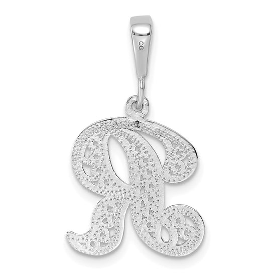 14KW White Gold Solid Polished Script Filigree Letter R Initial Pendant
