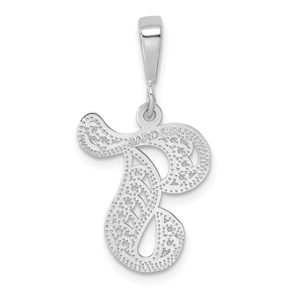 14KW White Gold Solid Polished Script Filigree Letter T Initial Pendant