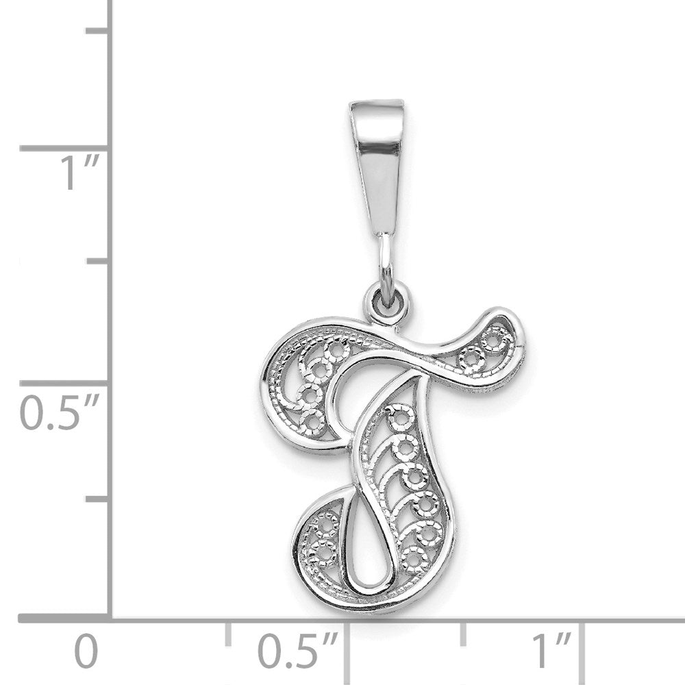 10k White Gold Large Filigree Script Initial T Pendant