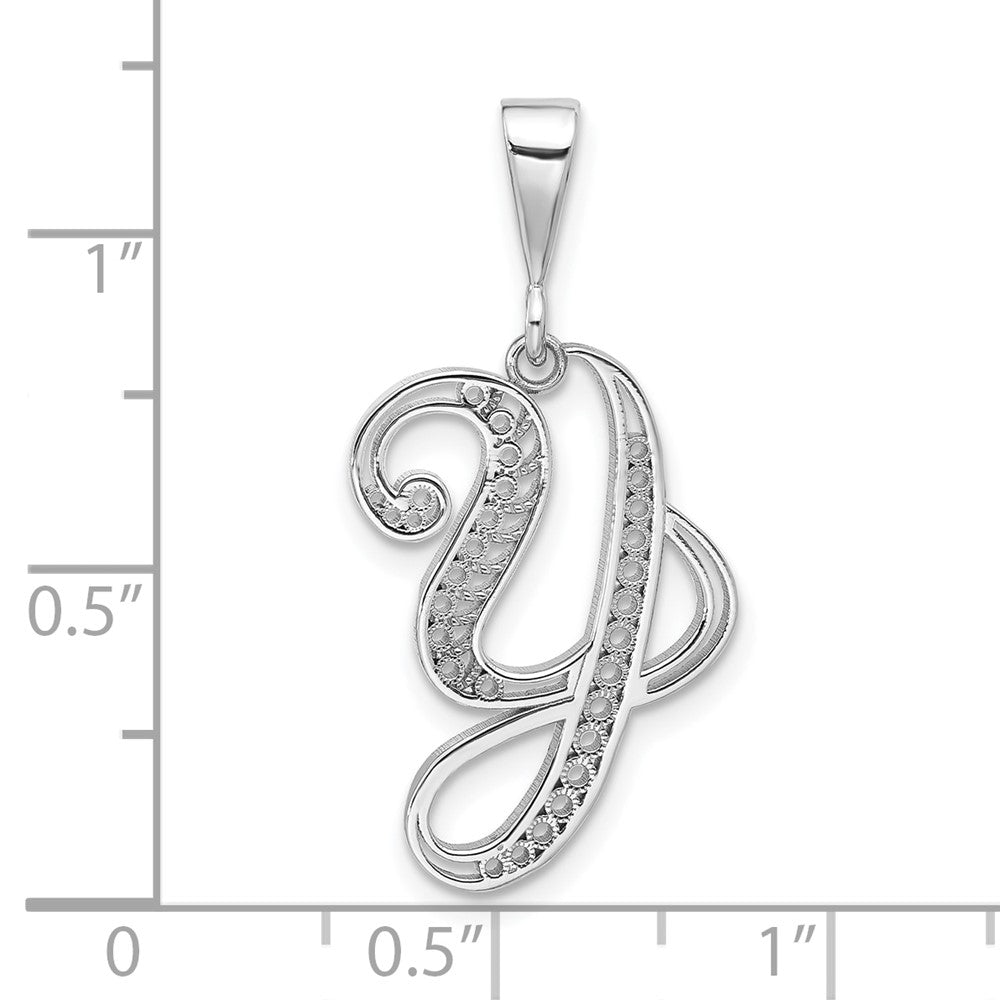 14K White Gold Solid Polished Script Filigree Letter Y Initial Pendant