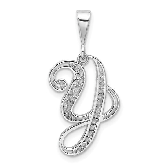 14K White Gold Solid Polished Script Filigree Letter Y Initial Pendant
