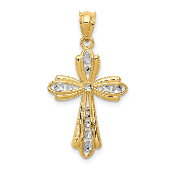 14K with White Rhodium Diamond Cut Cross Charm