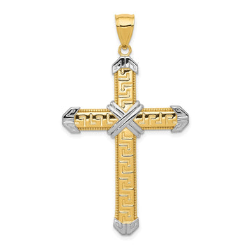 14K and White Rhodium Greek Key -X- Center Cross Pendant