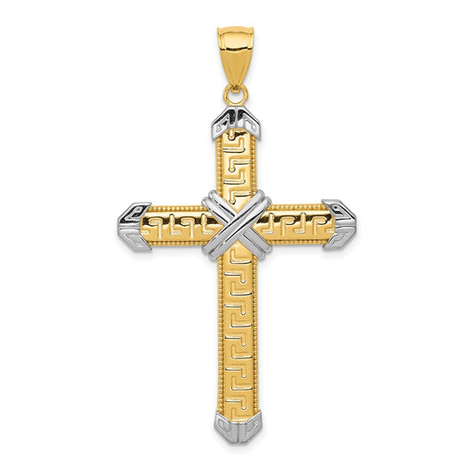 14K and White Rhodium Greek Key -X- Center Cross Pendant