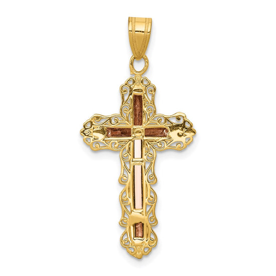 14K Tri-color Diamond-cut Filigree Crucifix Pendant