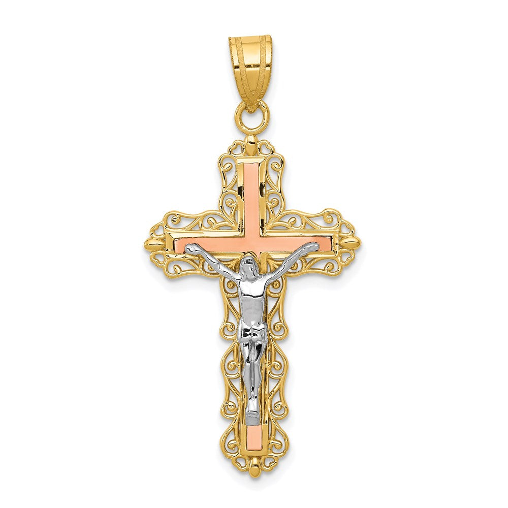 14K Tri-color Diamond-cut Filigree Crucifix Pendant