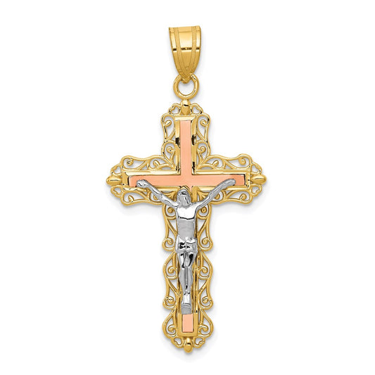 14K Tri-color Diamond-cut Filigree Crucifix Pendant