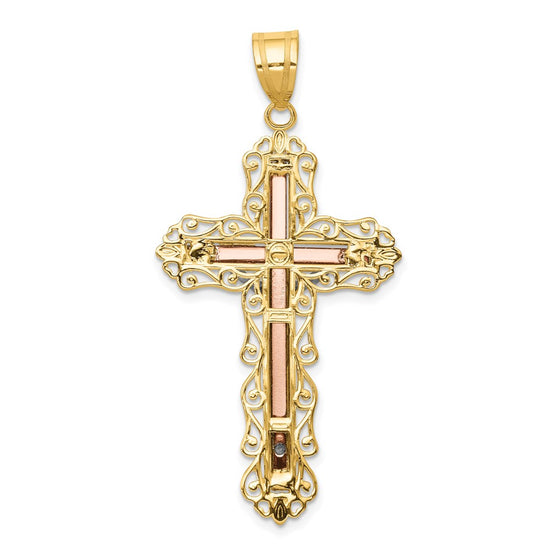 14K Tri-color Diamond-cut Filigree Crucifix Pendant