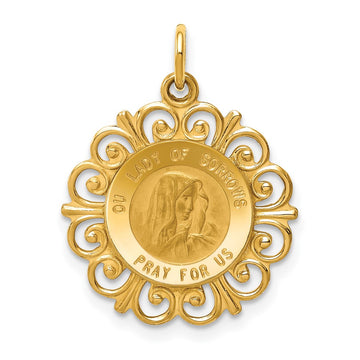 14k Polished and Satin Solid Our Lady of Sorrows Medal Scalloped Edge Round Pendant