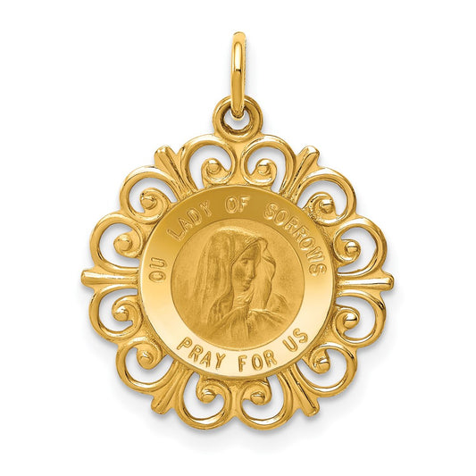 14k Polished and Satin Solid Our Lady of Sorrows Medal Scalloped Edge Round Pendant