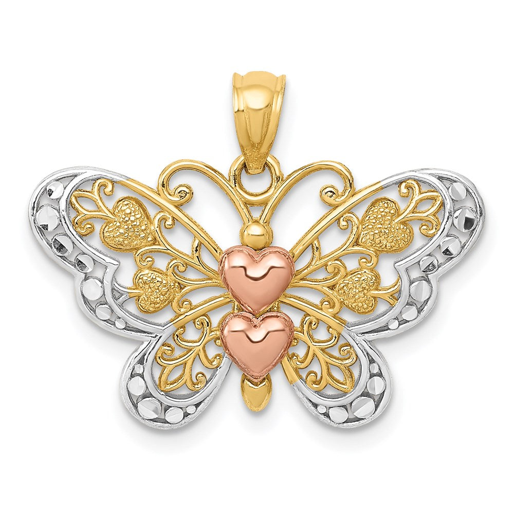 14k Two-tone with White Rhodium Butterfly with Hearts Pendant