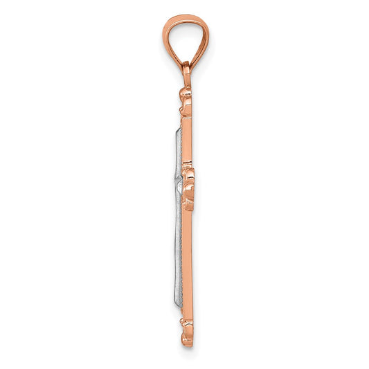 14K Rose Gold and White Rhodium Diamond-Cut Fleur de Lis Cross Pendant