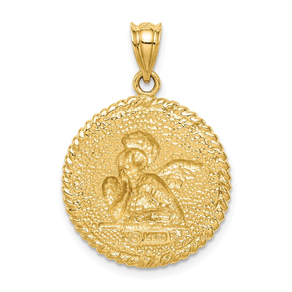 14K Brushed Angel Round Pendant